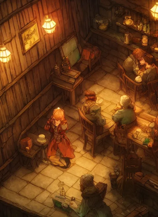 Image similar to the emerald herald sitting in a cozy tavern, hidari, color page, tankoban, 4K, tone mapping, Akihiko Yoshida.