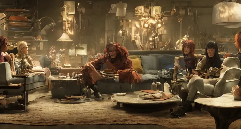 Image similar to impressive small cinematography scene featuring bio - punk aesthetic furniture. close shot of characters discussing an important topic. film still from the new live - action adventure movie. special effects from the studios called industrial light & magi, imageworks, rhythm & hues, weta, blur studio, blue sky studios, sony pictures.