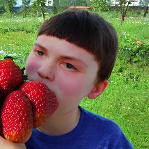 Prompt: hasbulla with flat face eat huge strawberries in the postsoviet suburbia