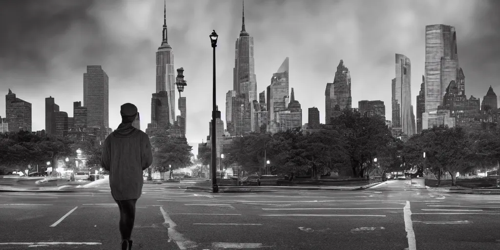 Image similar to a llama walking away from the camera into a desolate manhattan city street at night, statue of liberty seen in the background, realistic 4 k octane beautifully detailed render, 4 k post - processing, highly detailed, detailed face, intricate complexity, epic composition, magical atmosphere, cinematic lighting, masterpiece, ultra hd