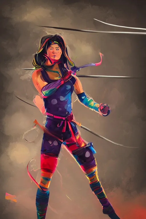 Image similar to female ninja warrior, colorful clothes, wielding short katana, wind in the hair, overcast weather, digital painting, trending on artstation