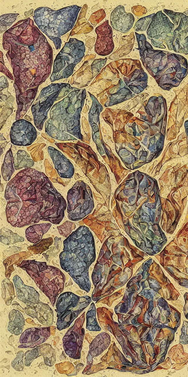 Image similar to an open page of the voronoi manuscript, depicting a digital painting of human anatomy, extremely detailed, professional, epic highlights, full colors