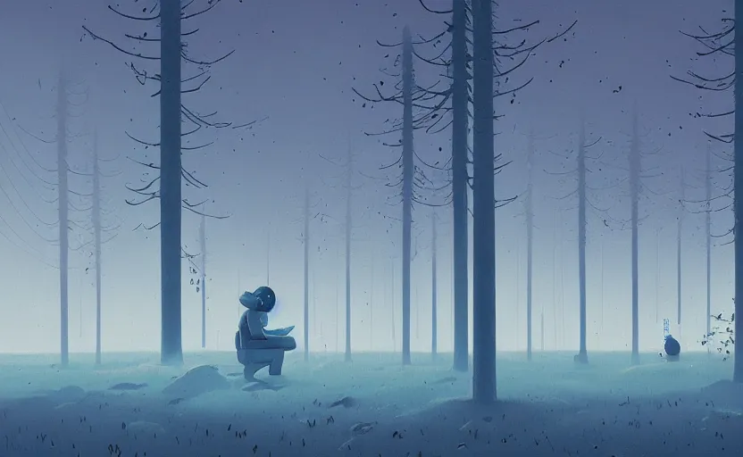 Image similar to a moment of introspection, fantasy, simple, serence, beautiful, meditation, calm, blue by simon stalenhag