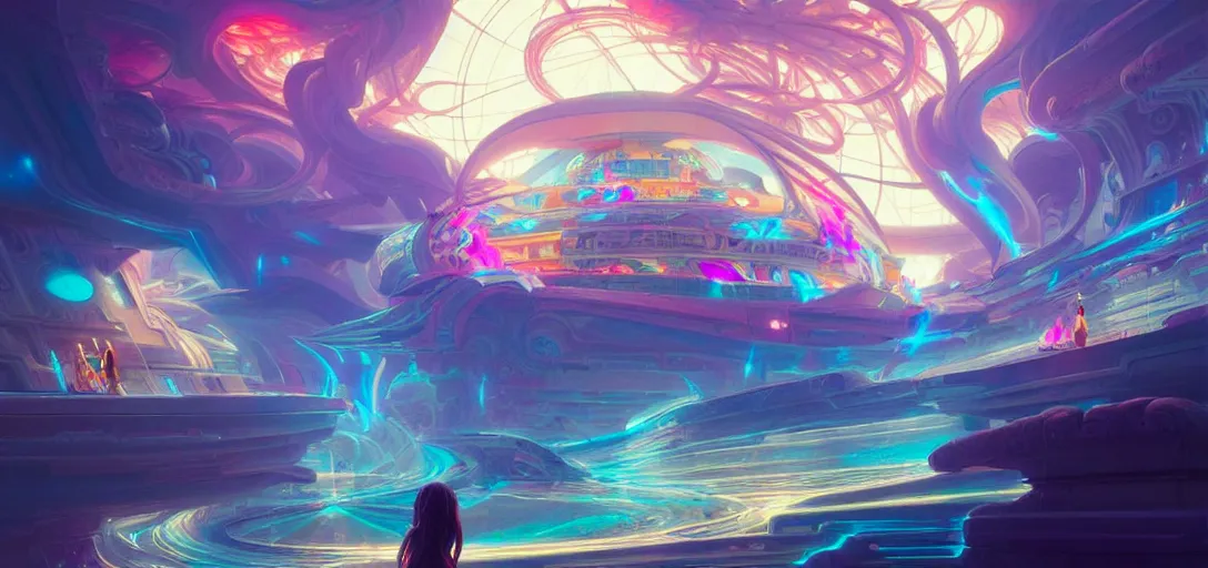 Image similar to a floating temple, channeling swirling energy, wearing netrunner clothing, vaporwave aesthetic, colorful, psychedelic, digital painting, artstation, concept art, smooth, sharp focus, illustration, art by artgerm and greg rutkowski and alphonse mucha