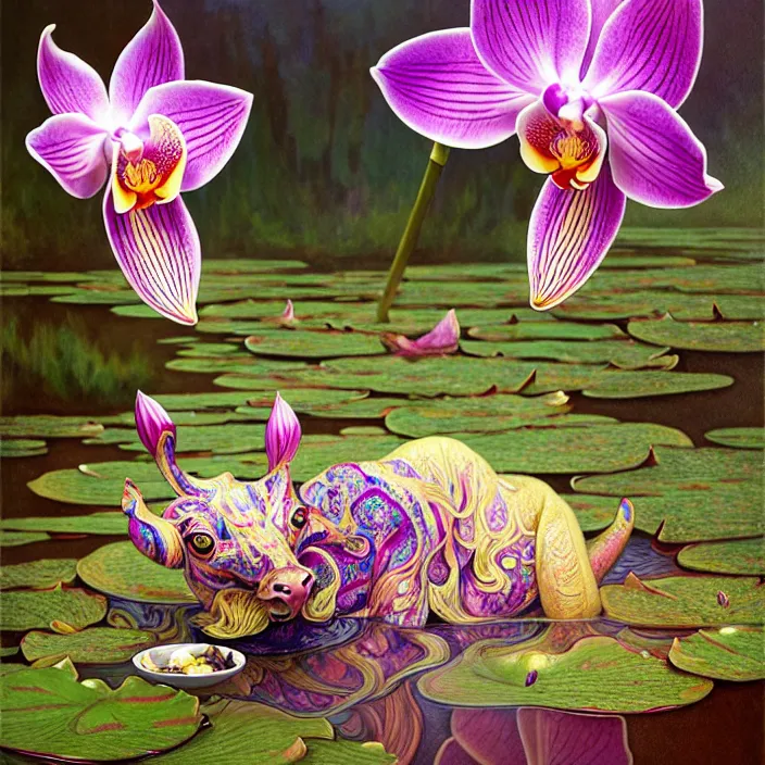 Prompt: psychedelic animal made of orchid on pond of waterlilies, diffuse lighting, fantasy, intricate, elegant, highly detailed, lifelike, photorealistic, digital painting, artstation, illustration, concept art, smooth, sharp focus, art by John Collier and Albert Aublet and Krenz Cushart and Artem Demura and Alphonse Mucha