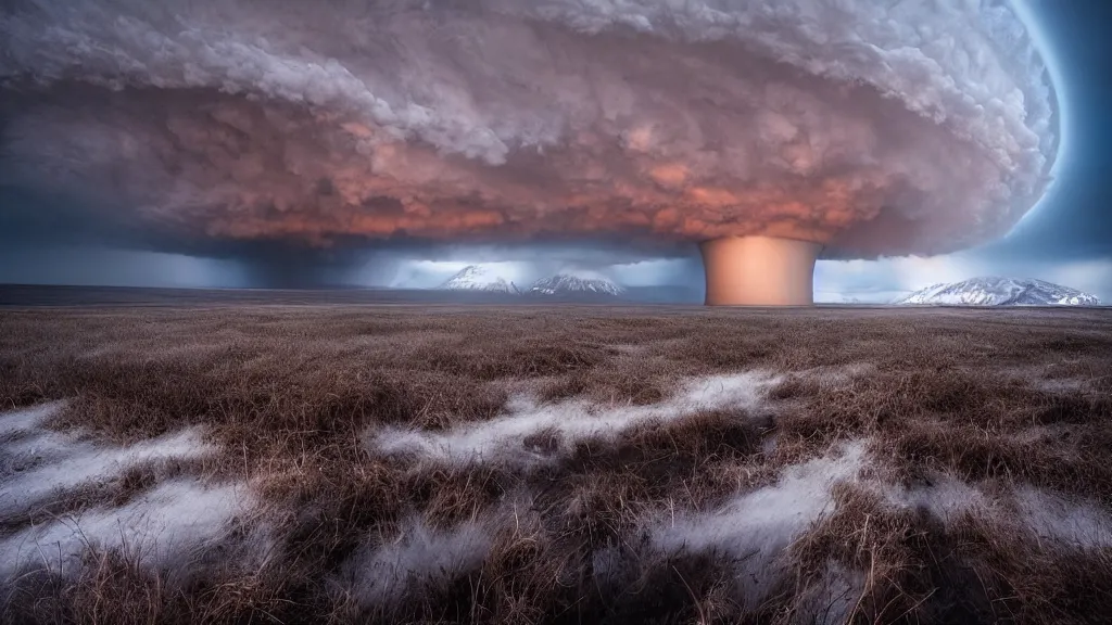 Image similar to amazing landscape photo of nuclear wintre by marc adamus, beautiful dramatic lighting