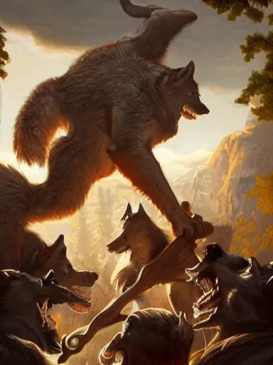 Prompt: a screaming man holding a quartestaff. surrounded by a pack of wolves. intricate, elegant, highly detailed, digital painting, artstation, concept art, sharp focus, illustration, by justin gerard and artgerm, 8 k