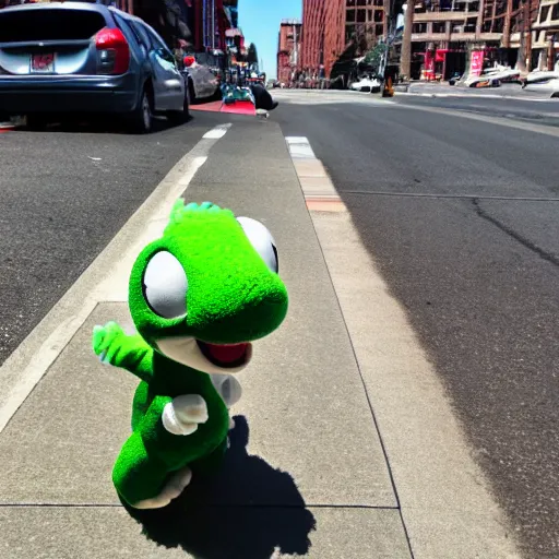 Prompt: yoshi walking down the streets of seattle, sunlight, sunny day, full shot