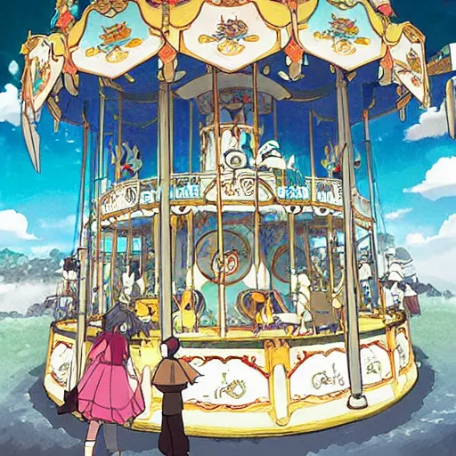 Image similar to a fantasy carousel in the style of studio ghibli, makoto shinkai