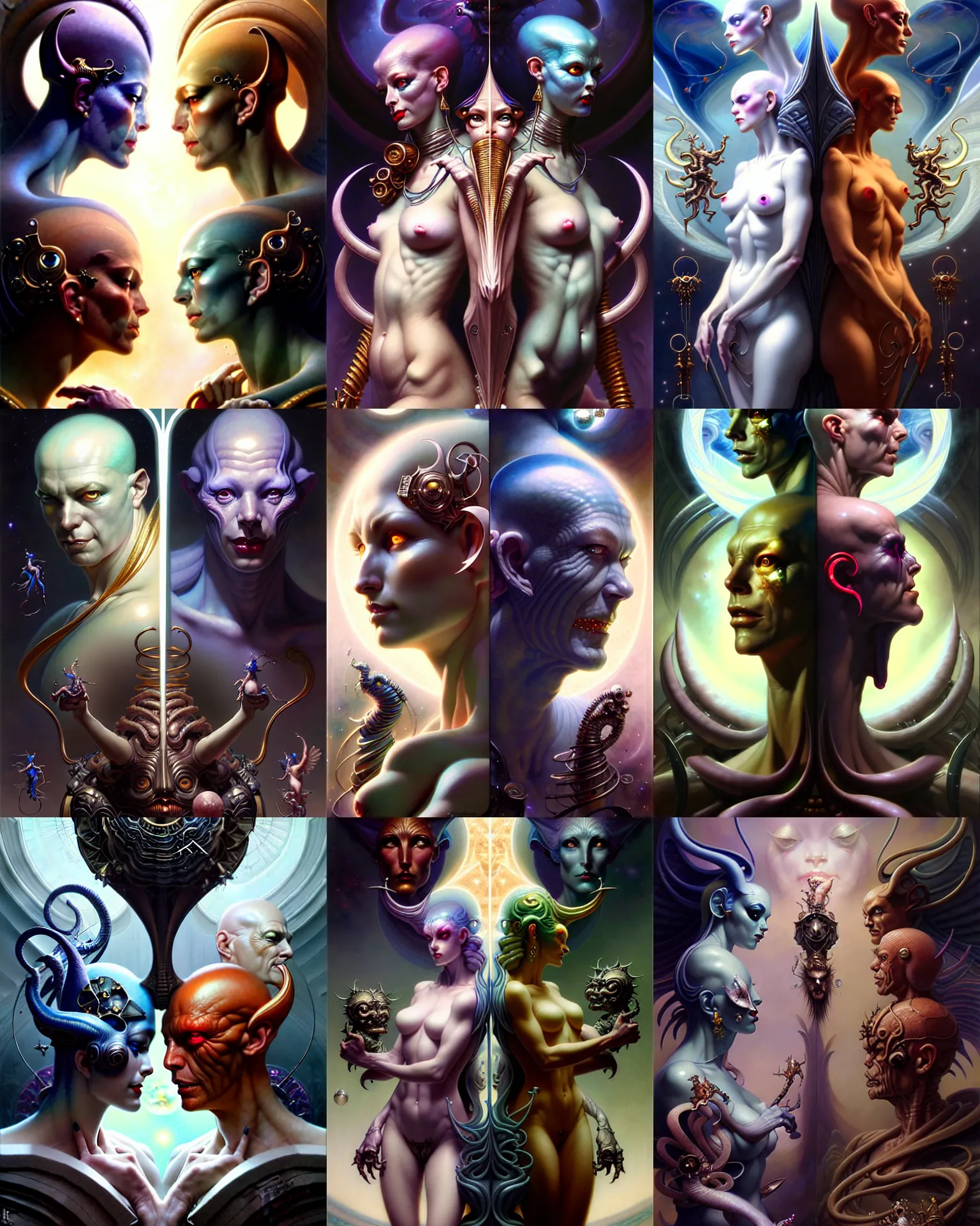 Image similar to beautiful gemini good and evil, happy and sad faces, fantasy character portrait, ultra realistic, wide angle, intricate details, the fifth element artifacts, highly detailed by peter mohrbacher, boris vallejo, hajime sorayama, wayne barlowe, aaron horkey, gaston bussiere, craig mullins