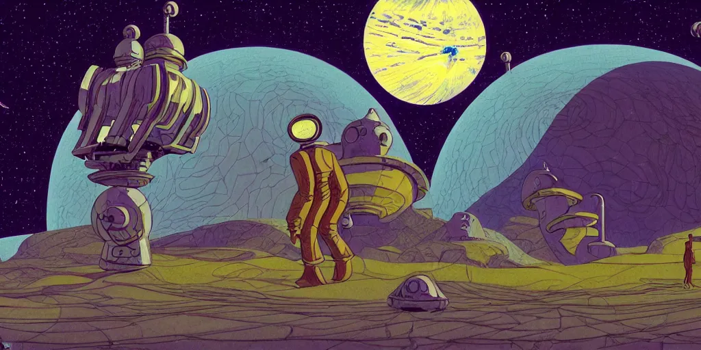 Prompt: traditional drawn colorful animation a solo stranger by harvester stepping to valley symmetrical architecture on the ground, space station planet afar, planet surface, ground, rocket launcher, outer worlds extraterrestrial hyper contrast well drawn Metal Hurlant Pilote and Pif in Jean Henri Gaston Giraud animation film The Masters of Time FANTASTIC PLANET La planète sauvage animation by René Laloux