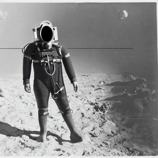 Image similar to detailed photo of a diver wearing an early diving suit. the diver is holding an electric guitar on the moon. old diving suit pictures. old diving suit. early diving suit. old diving suit photos. detailed