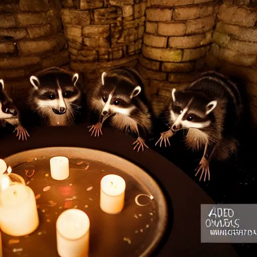 Image similar to dslr photo, a group of raccoons wearing dark cult robes perform a dark occult evil ceremony inside the secret lair of an underground mystery cult, dramatic candlelight, pentagrams, ultra - detailed, photorealistic, 4 k