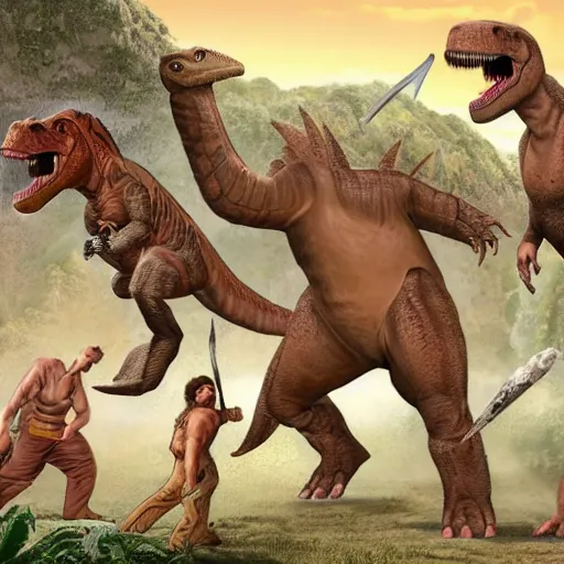 Image similar to A large dinosaur! fighting with several realistic detailed cavemen with proportioned bodies, next to the dinosaur are cavemen, the cavemen are armed with spears, the caveman are in a fighting stance, the cavemen are wearing animal furs, one caveman is stabbing the dinosaur with his spear, one caveman is cowering in fear, coarse canvas, visible brushstrokes, intricate, extremely detailed painting by William Turner (and by Greg Rutkowski)