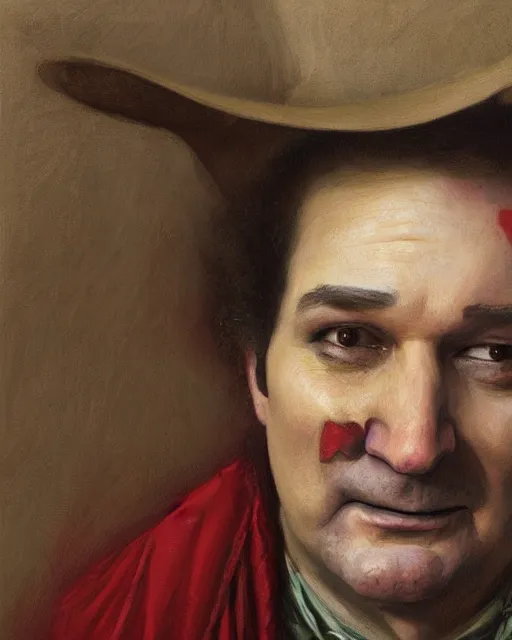 Prompt: closeup portrait of whimsical conniving ted cruz, court jester in renaissance era,, masterpiece, by donato giancola and greg rutkowski and wayne barlow and zdzisław beksinski, high contrast, realistic face