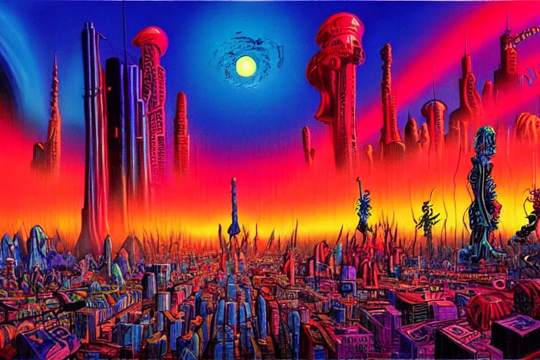 Image similar to surreal colorful nightmarish cityscape, artwork by ralph bakshi