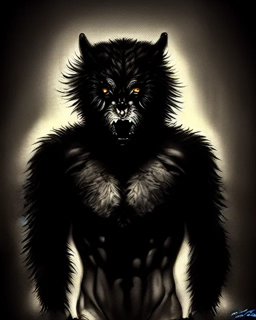 Prompt: in the style of artgerm, rembrandt, rafael albuquerque, caravaggio, large hairy werewolf in a shopping mall at night, moody lighting, horror scary terror