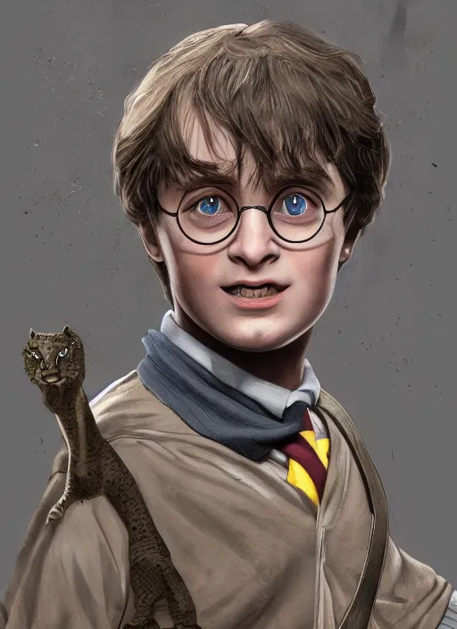 Prompt: young harry potter as a gepard with gepard skin patterns hyper detailed, digital art, trending on artstation, cinematic lighting