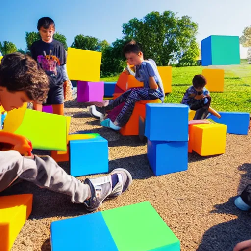 Prompt: photo of kids working on computers outside in the sun, large colorful blocks floating in the air, bright colors