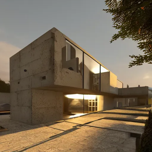 Image similar to extremely detailed non-Euclidean stunning sophisticated beautiful house of greebles, stunning volumetric light, sunset, concrete and translucent material, stunning skied, 8k