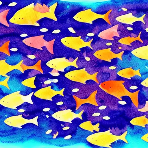 Image similar to A school of fish swimming in a coral reef, watercolor, trending on artstation