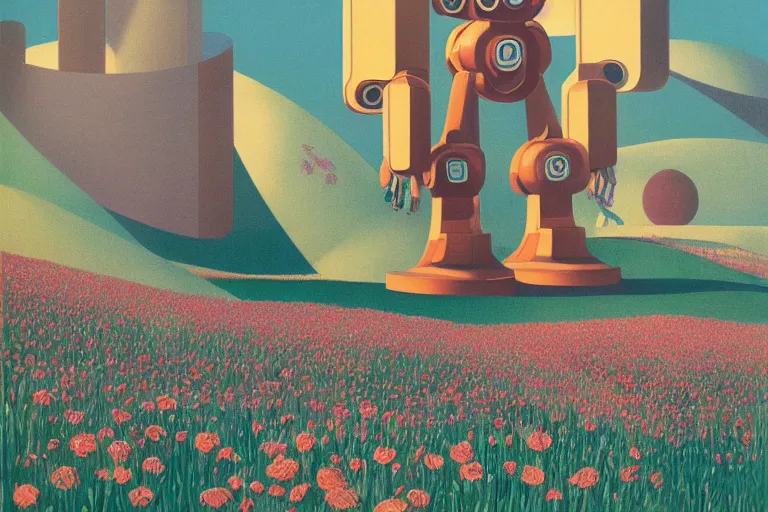 Image similar to giant mecha robot, blooming hills with spring flowers and pillars by helen lundeberg