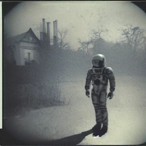 Prompt: polaroid photo of humanoid in spacesuit, abandoned mansion in the background, dark, moody, foggy