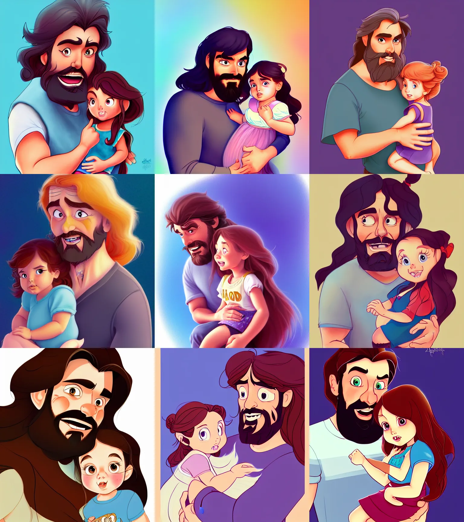 Image similar to a long - haired bearded father and his child toddler girl full color digital illustration in the style of don bluth, artgerm, artstation trending, 4 k