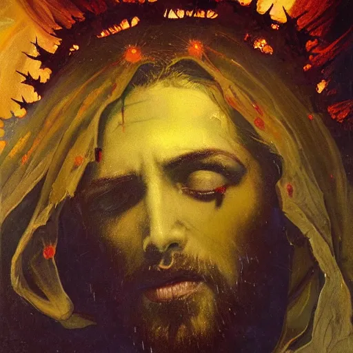 Image similar to painting of Jesus descending into a dark abyssal chasm, surrounded by a vivid silver light, flowing royal robes with goly inlay, crown of thorns spotted with blood upon his head, stern expression with a chiseled jaw and fiery eyes, by Jeremy Mann, stylized, detailed, realistic, loose brush strokes, intricate, beautiful