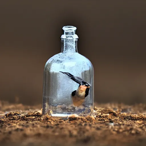 Prompt: bird in a bottle, award winning photography, hyper realistic, 4 k