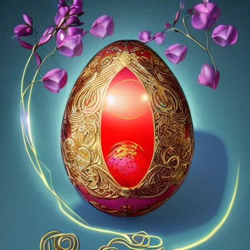 Image similar to an elaborate glowing red and blue egg emerging from the blossom of a metallic gold flower with tendrils of gold wrapping around the egg, magic eggplant, fantasy concept art