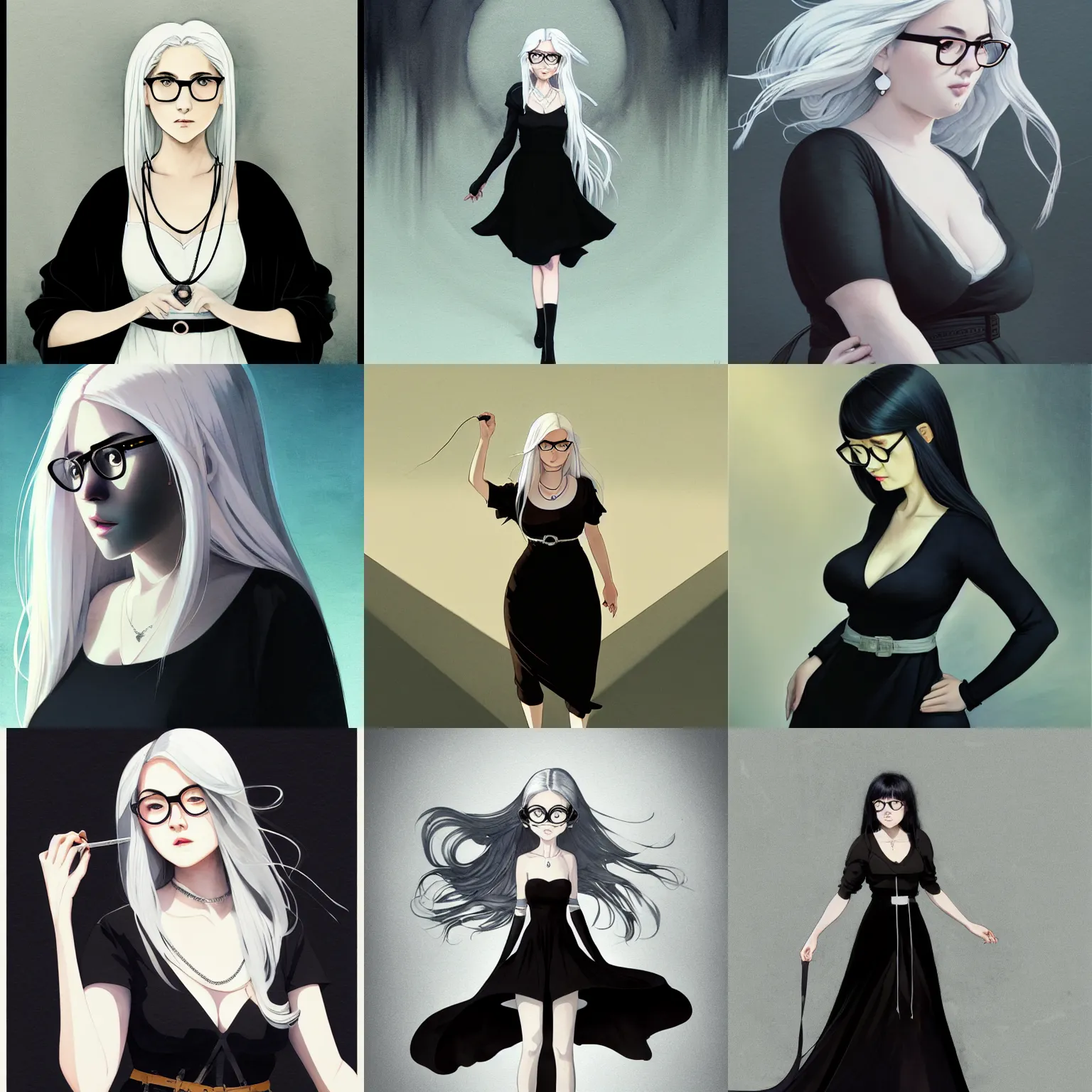 Prompt: medium full shot of curvy female with long white hair, wearing black dress with belt, wearing silver necklace, wearing black frame glasses, solid background color, digital art, illustration, smooth color, cinematic moody lighting, vibrant watercolor, wenjun lin, studio ghibli, pixiv, artgerm, greg rutkowski, ilya kuvshinov