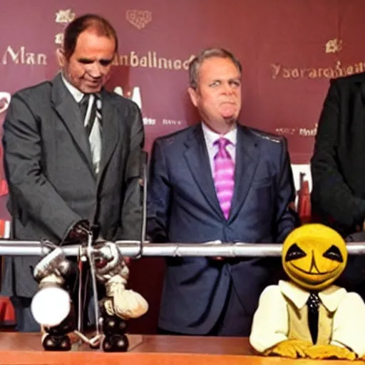 Prompt: president marionette with puppeteer in a podium giving a press conference