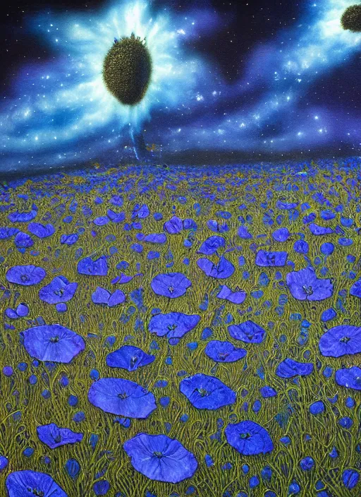 Image similar to detailed, intricate blue black and purple papaverum flower on the field, nebula, galaxy in the sky, winning award masterpiece, fantastically beautiful, illustration, aestheticly inspired, jacek yerka, upscale with anguissola sofonisba work, artstation, 8 k