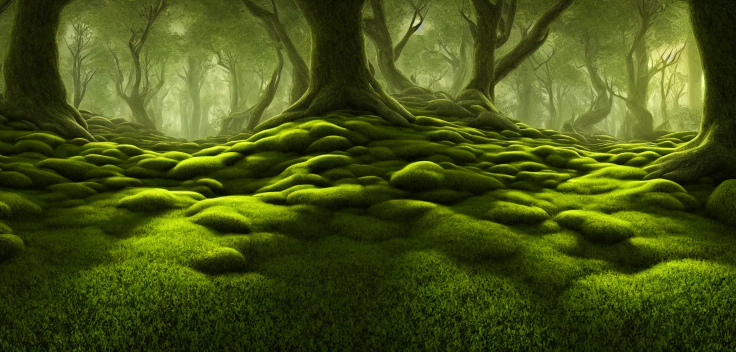 Image similar to random forest landscape, moss, incredible, vector art, octane render, fabulous, hyper detailed, random cinematic view, no noise, global illumination, warm lighting, volumetric, godrays, vivid, beautiful, style brian miller