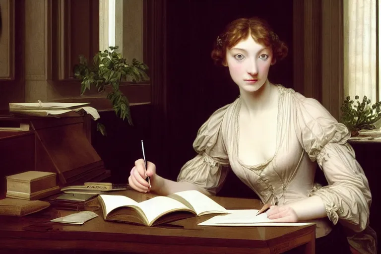 Image similar to 1 8 1 0 s eleanor tomlinson at her desk by vittorio reggianini, bright lighting, perfectly detailed eyes, beautiful hands, pale skin, clear face