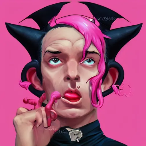 Prompt: a hot pink tiefling with a tinfoil hat, a pet rat, exasperated, young man green eyes, horns, character art, full body art, dungeons and dragons, d & d, trending on artstation, artgerm, 4 k ultra hd, sharp focus, digital art by ilya kuvshinov and ross tran