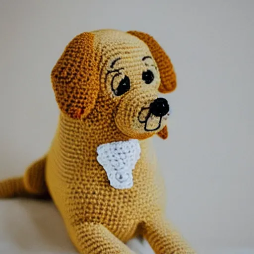 Prompt: a crochet golder retriever, very cute, kawaii, extremely detailed, complex, intricate, Sigma 50mm f/1.4