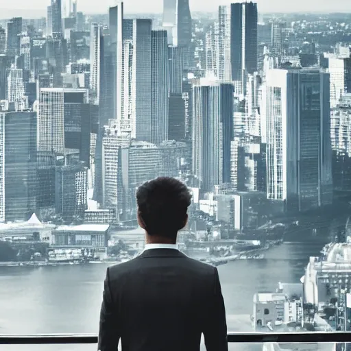 Prompt: a still of a cat in a suit looking out at a city skyline, cinematic,