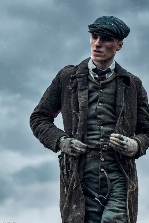 Image similar to a portait photo of Thomas Shelby in a battlefield, epic image, path tracing, complementary colours, high quality, 4k HDR, dramatic lighting, cinematic, highly detailed, high coherence, dedined face, anatomically correct, five fingers, war, cold environment