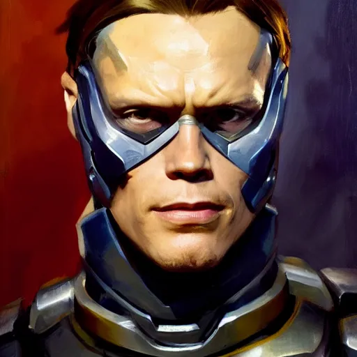 Image similar to greg manchess portrait painting of partially armored paul bettany aka vision as overwatch character, medium shot, asymmetrical, profile picture, organic painting, sunny day, matte painting, bold shapes, hard edges, street art, trending on artstation, by huang guangjian, gil elvgren, ruan jia, greg rutkowski, gaston bussiere