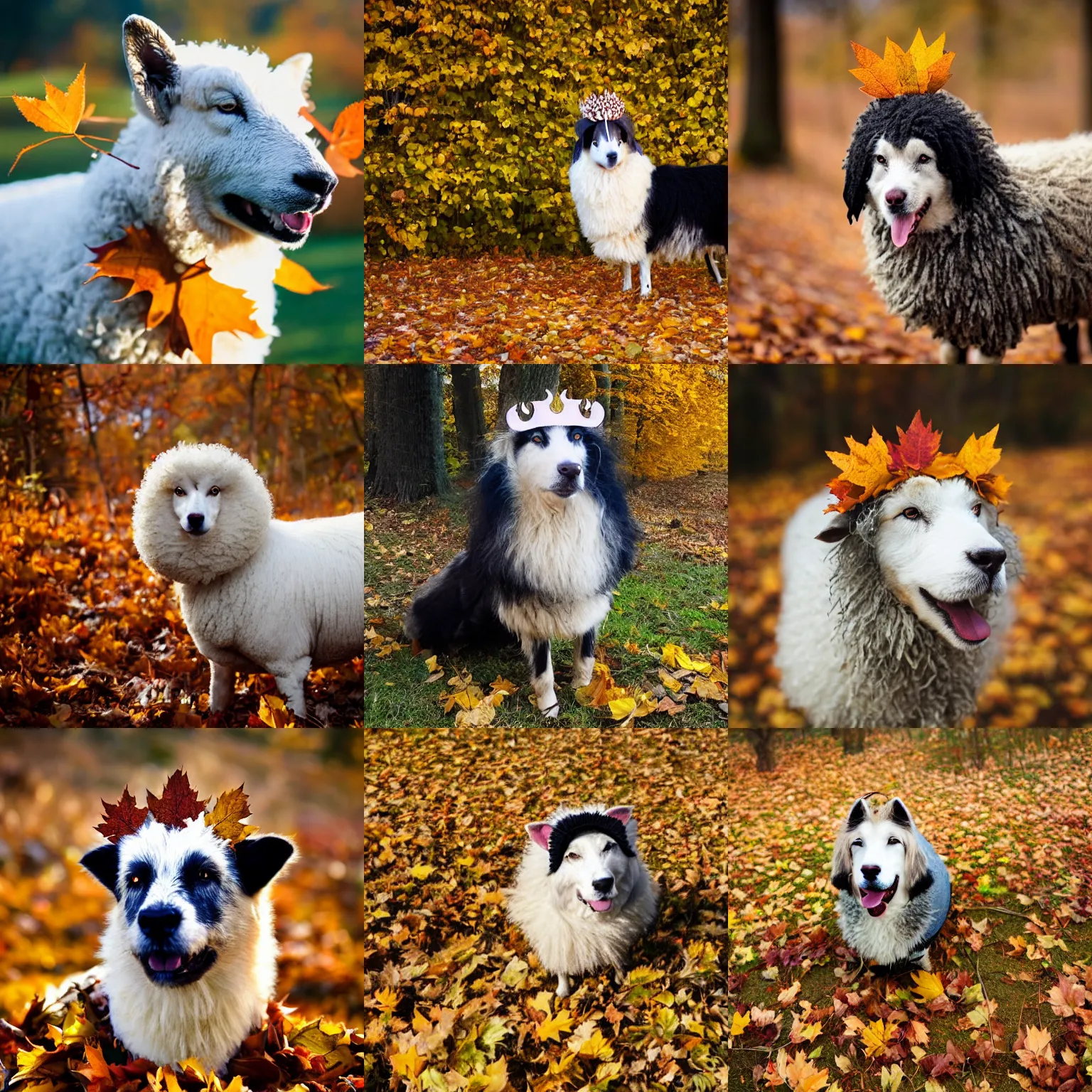 Prompt: sheep dog in autumn wearing a crown of leaves