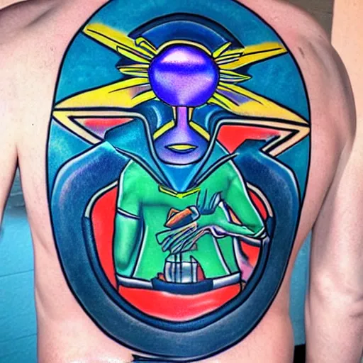 Prompt: new school tattoo of blue alien holding a ray gun