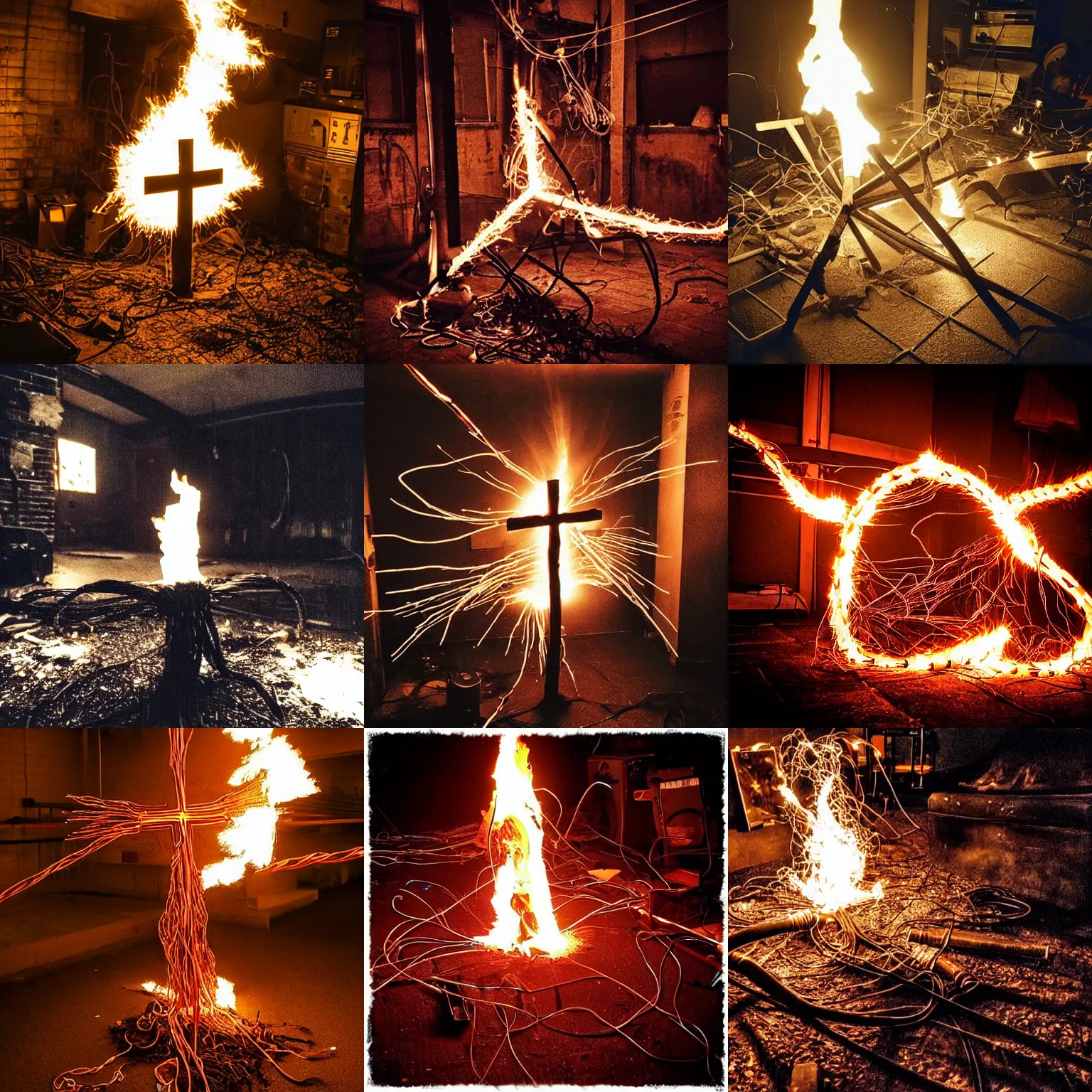 Prompt: “burning flaming cross on fire made from twisted cables in a dirty small suburban basement at night, dark dark dark dark dark as night. Cables cables cables cables cables everywhere. Trash on the floor, sparks sparks sparks embers embers sparks flying everywhere. Flash photograph.”