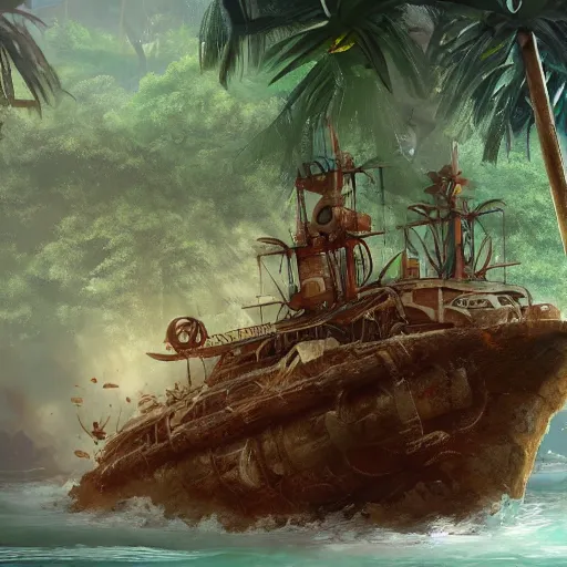 Image similar to Wrecked ship on jungle trees, 8k, detailed, concept art, trending on artstation