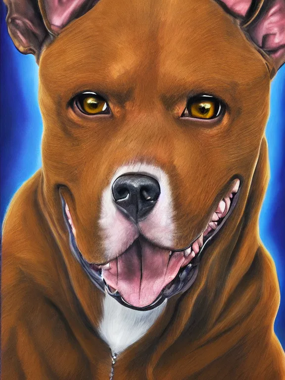 Image similar to an ultradetailed beautiful portrait painting of a original sonic character based off of a strong elegant brown pitbull, oil painting, high resolution, sonic oc, brown fur, furry, in the style of sonic forces