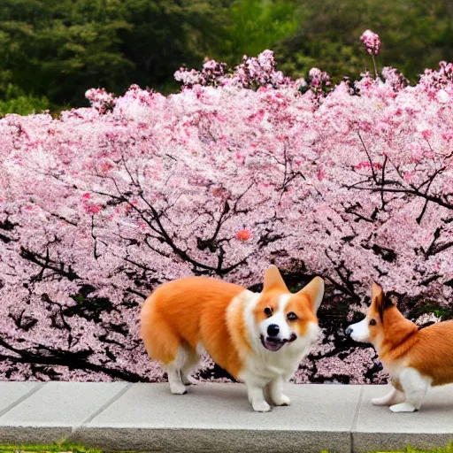 Prompt: A photo of Corgi in front of a row of cherry blossom trees