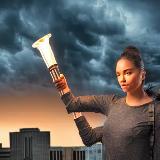 Image similar to michelangelo woman carrying torch at cnn headquarters with stormy lighting and clouds in the background 4 k hdr