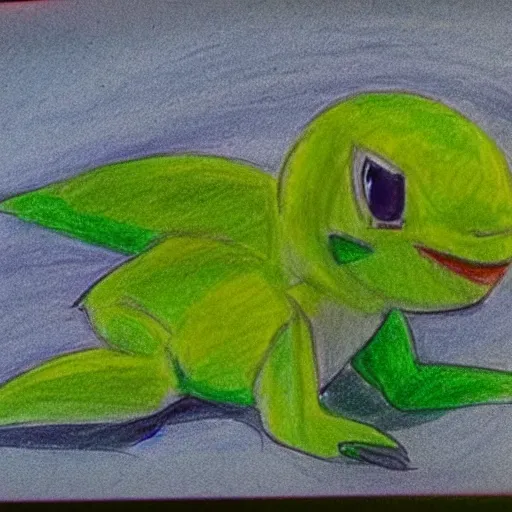 Image similar to a children's drawing of snivy, crayon, paper