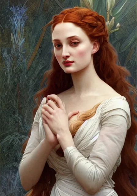 Image similar to sansa angeline jolie, intricate, elegant, highly detailed, digital painting, artstation, concept art, smooth, sharp focus, illustration, art by artgerm and greg rutkowski and alphonse mucha and william - adolphe bouguereau